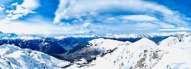 Beautiful snow-covered mountains in La Tzoumaz, Switzerland