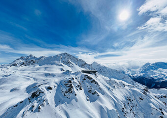 Beautiful snow-covered mountains in La Tzoumaz, Switzerland