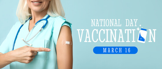 Mature female doctor with medical patch on arm against blue background. Vaccination concept - obrazy, fototapety, plakaty