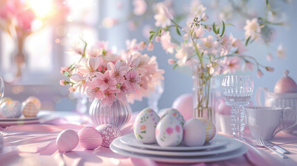 Easter scene in a kitchen with decorations, eggs, flowers in vases, light pastel holiday background - 752577478