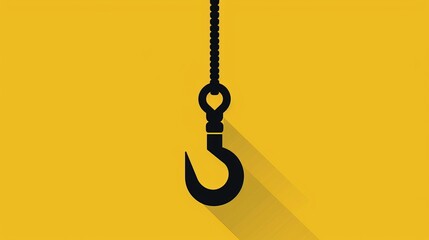 A black icon on a yellow background depicts a lifting hook with a rope, symbolizing the capability to lift large loads. This industrial steel hook represents a tower crane