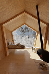 3D rendering of interior of a wooden hutwith view to a snow covered forest