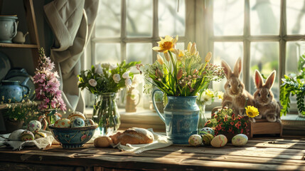 Easter scene in a kitchen with decorations, eggs, flowers in vases, light pastel holiday background - 752577675