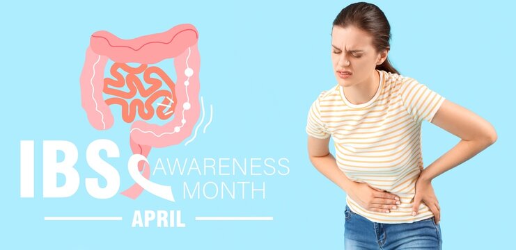 Awareness banner for Irritable Bowel Syndrome Month with ill woman