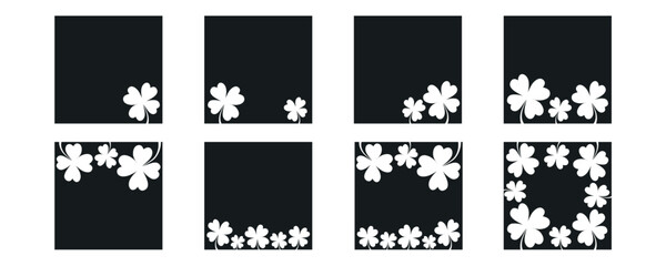 Four leaf clover flower frame for Saint Patrick day - good lucky symbol. Vector stock minimalism illustration isolated on white background for design template social media. Editable stroke. 