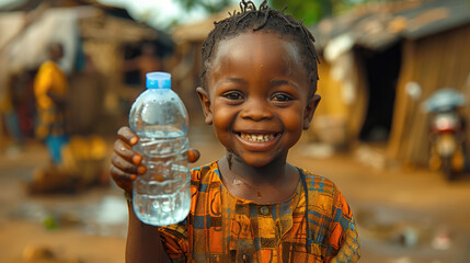 water problem in Africa, Happy African boy with plastic water bottle