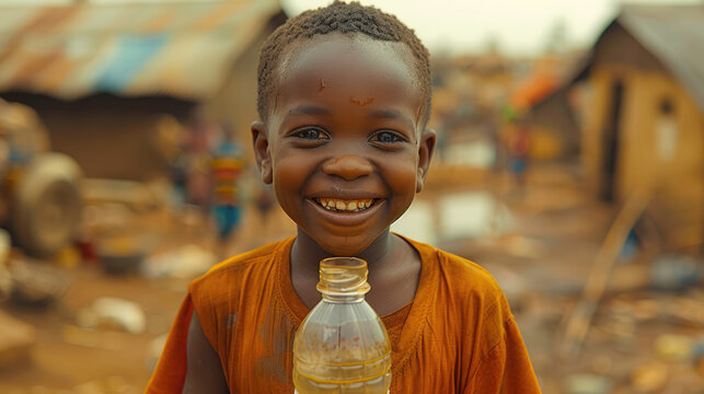 water problem in Africa, Happy African boy with plastic water bottle