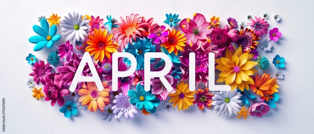 Poster a colorful number of flowers that spell out april in white generative ai