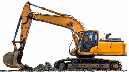 A crawler excavator is shown isolated on a white background, featuring a close-up of the powerful machine with its extended bucket. This construction equipment is commonly used for earthworks