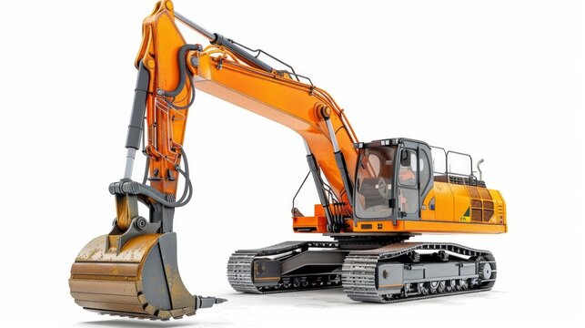 A crawler excavator is shown isolated on a white background, featuring a close-up of the powerful machine with its extended bucket. This construction equipment is commonly used for earthworks