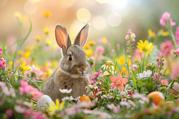 Cute Easter bunny with flowers and eggs, seasonal greeting card