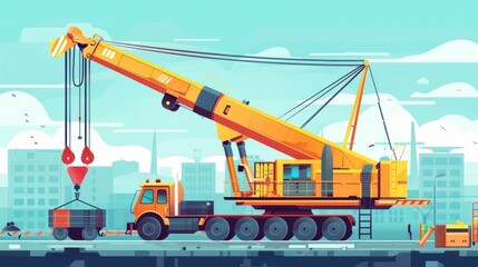 Obraz na płótnie Canvas A flat vector illustration showing a side view of a construction crane engaged in heavy special transport