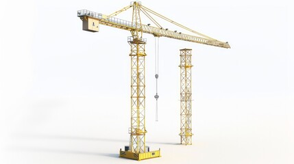A full-height yellow tower crane, depicted in a 3D rendering, stands alone against a white background. It represents building and construction, showcasing machinery and equipment through 3D modeling
