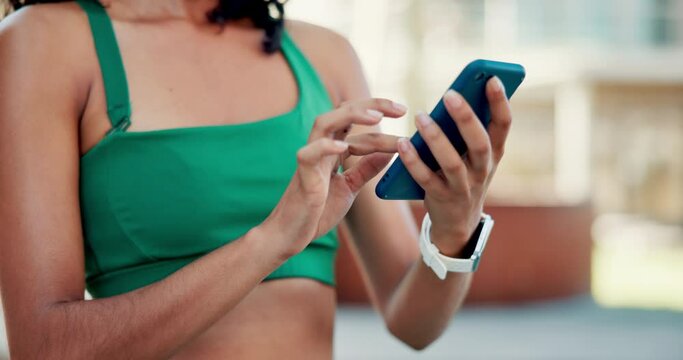 Phone, search and hands on fitness woman in city with online map, guide or checking running route for training closeup. Smartphone, google it or lady runner with app for travel, navigation or workout