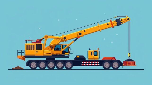 A flat vector illustration showing a side view of a construction crane engaged in heavy special transport