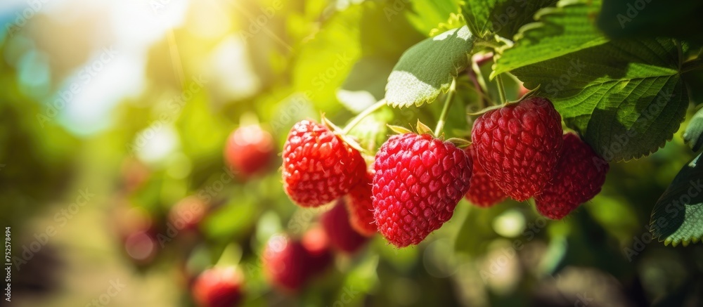 Wall mural in this close-up shot, a bunch of ripe strawberries can be seen hanging from a tree in a lush green 