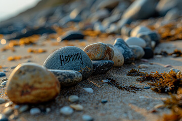 A collection of beach stones arranged to spell "HARMONY" along the shoreline. Concept of balance and unity in nature. Generative Ai.