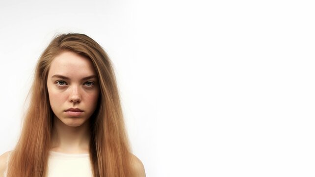 Portrait of a serious young woman with long blond hair isolated on a white background