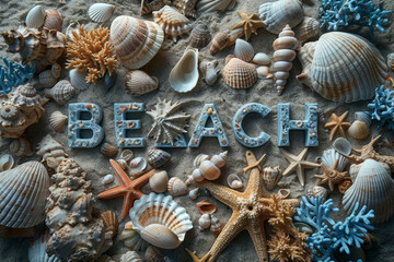 An assortment of beach shells artfully forming the word "BEACH" on sandy shores. Concept of coastal living and relaxation. Generative Ai.