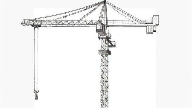 A tower construction crane illustrated in vector line art style against a white background