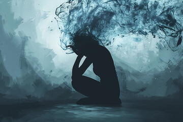 Mental health concept digital illustration. Depression, regret, anxiety and stress - obrazy, fototapety, plakaty