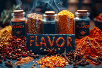 A composition of diverse spices creating the word 