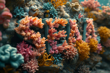 A collection of vibrant coral pieces spelling out 