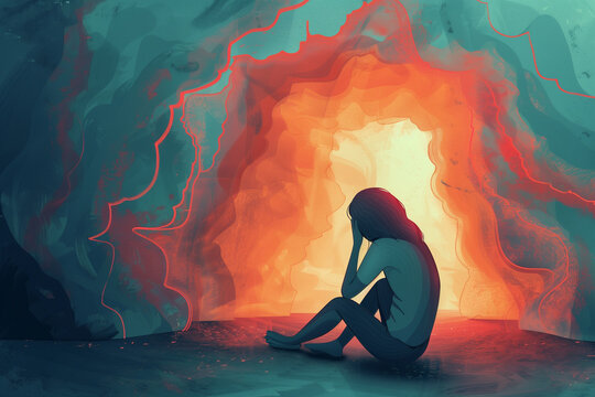 Mental health concept digital illustration. Depression, regret, anxiety and stress