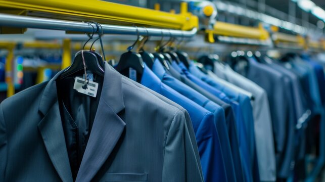 Array of men's suits and women's dresses hanging on an automated conveyor system in a retail shop.