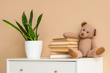 Chest of drawers with books, toy bear and houseplant near beige wall