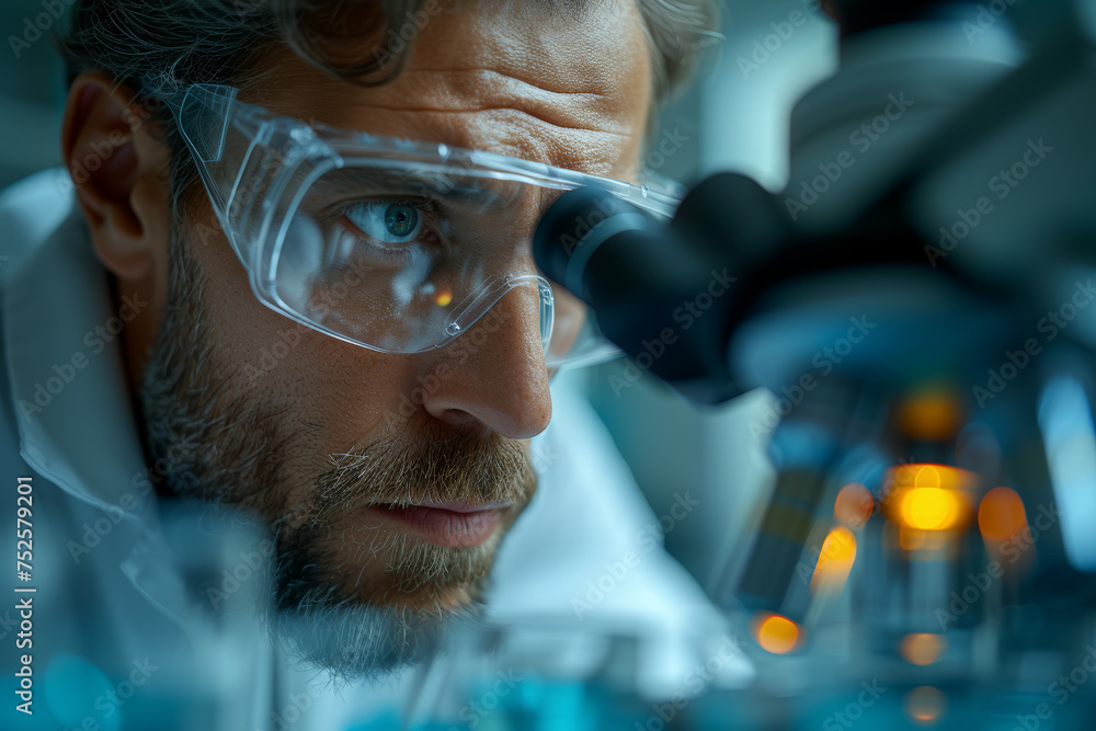 Poster a meticulous scientist peering through a microscope, examining intricate cellular structures. concep