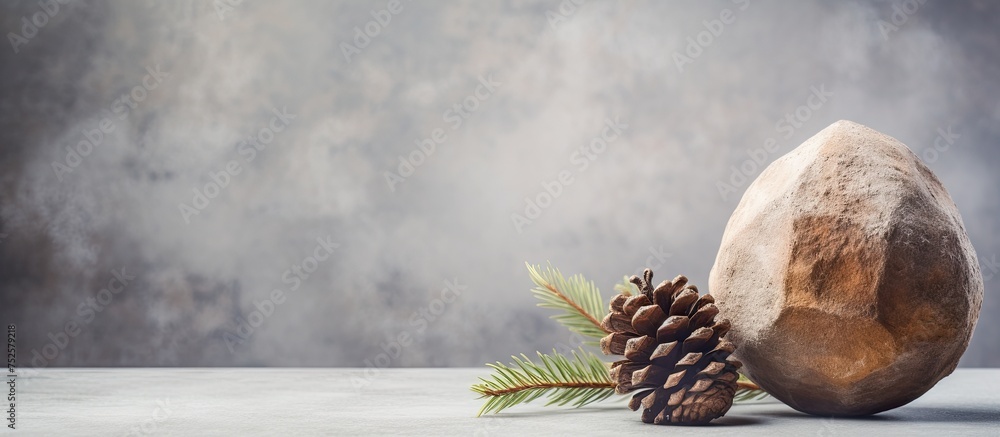Aufkleber a close-up view of a rock and a pine cone placed neatly on a table, showcasing their textures and sh