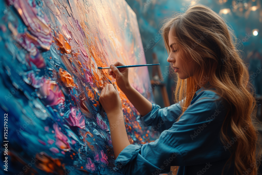 Poster a focused artist passionately working on a large canvas, creating a vibrant and expressive painting.