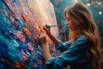 A focused artist passionately working on a large canvas, creating a vibrant and expressive painting. Concept of artistic creativity and expression. Generative Ai.