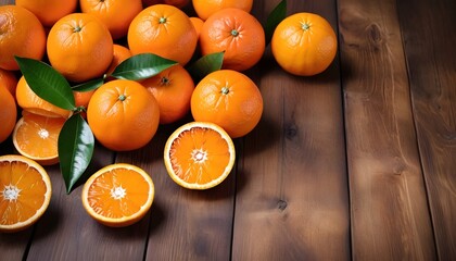 View from above of orange and tangerins on a wooden surface, greeting card background, free space underneath