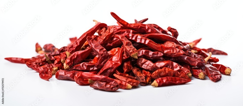 Poster a collection of dried red peppers neatly stacked on a clean white surface. the peppers are vibrant r