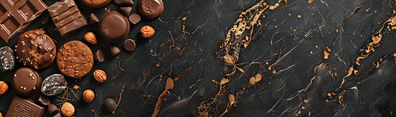 Assorted sweets, chocolates and cookies on a black marble background - 752579493