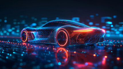 A concept sports car in a futuristic style in neon light - obrazy, fototapety, plakaty