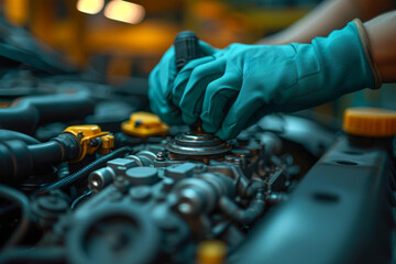 A skilled mechanic repairing a car engine in an auto repair shop, ensuring optimal vehicle performance. Concept of automotive maintenance and repair. Generative Ai.