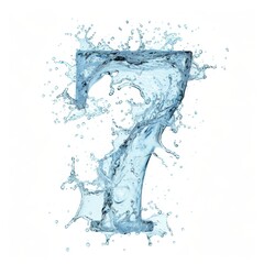 Close-up of a blue number seven on a white background. Text made of water splashes, number 7. A postcard template for a lover of the water element.