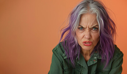 Portrait of an old angry woman 60 years old with purple hair in green clothes on an isolated peach color background. Aggression woman