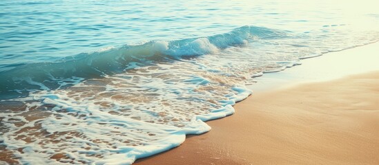 Serene beach scene with powerful waves crashing on sandy shore under clear blue sky