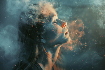 Surreal portrait of a woman disintegrating into particles, symbolizing mental health, emotions, human psyche, or the concept of being lost in thoughts