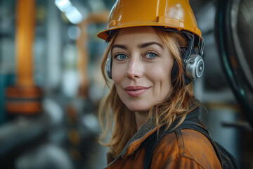 portrait of woman in safety wear working inside factory/power plant