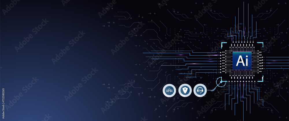 Poster futuristic artificial intelligence processor with circuitry and icons, technology concept for machin
