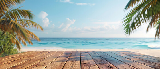 Wooden table podium against a background  paradisiacal beach