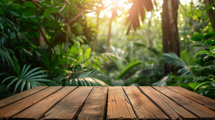 Wooden table podium against a background of tropical nature