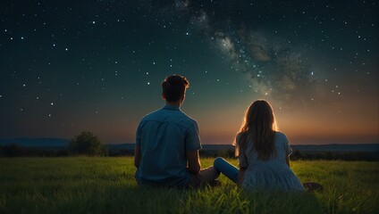 A young man sits with his girlfriend on the grass, looking at the stars in the sky