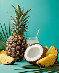 Coconut Pineapple Juice Drink, Cocktail, or Mocktail Concept - With Tropical Design Elements on Bold Pastel Backdrop 