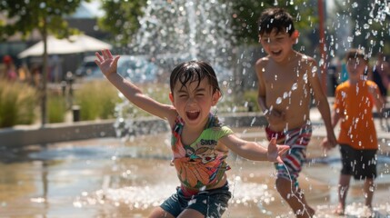 Vibrant image of happy children laughing and playing in a water splash pad during a sunny day, showcasing summer fun and joyful moments. - obrazy, fototapety, plakaty